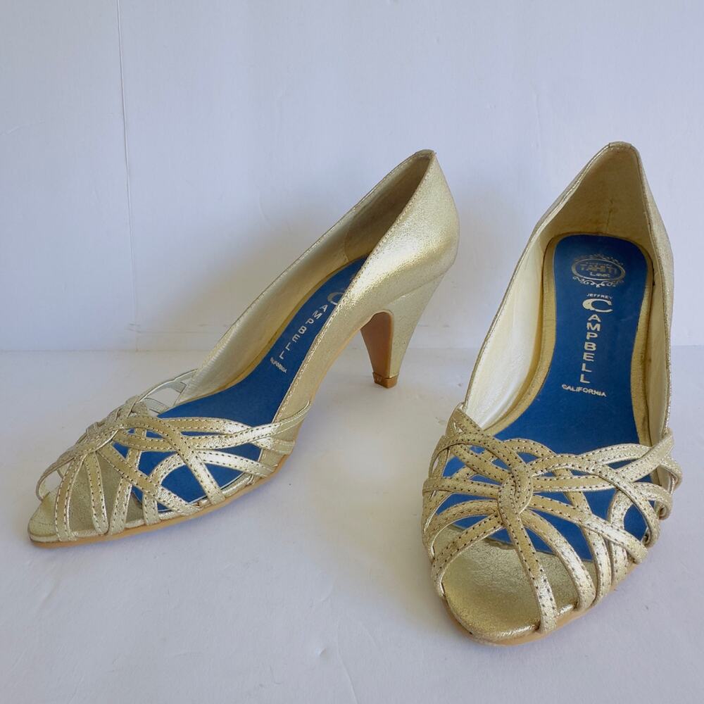 Jeffery Campbell Pumps Metallic Gold Fairy Retro Strappy Leather Glam Heels 8